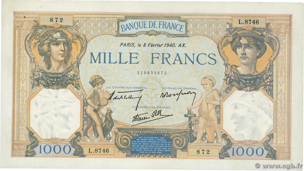 1000 Francs CÉRÈS ET MERCURE type modifié FRANCIA  1940 F.38.42 MBC+