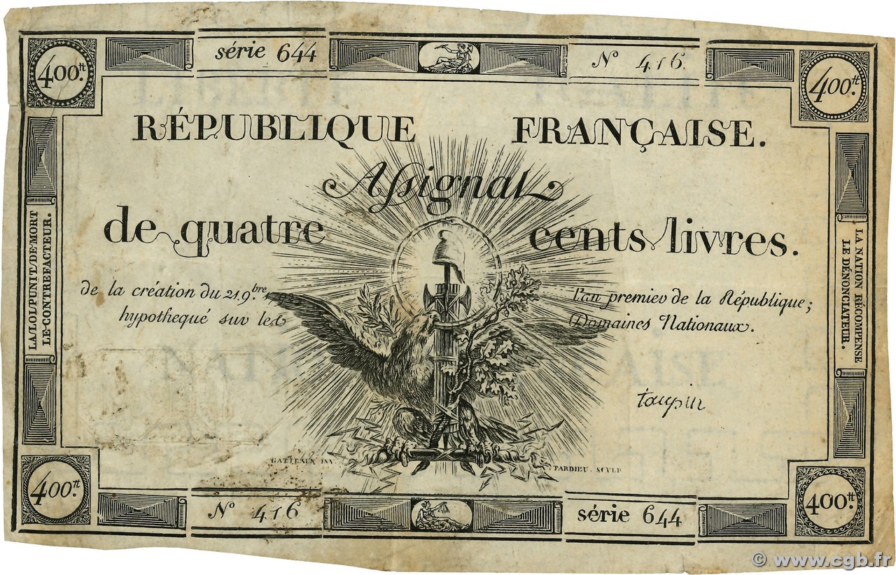 400 Livres FRANCE  1792 Ass.38a pr.TTB