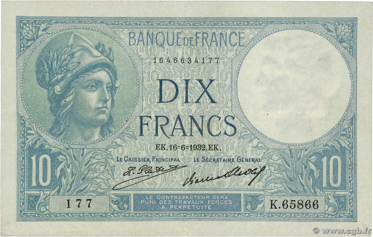 10 Francs MINERVE FRANCE  1932 F.06.16 TTB+