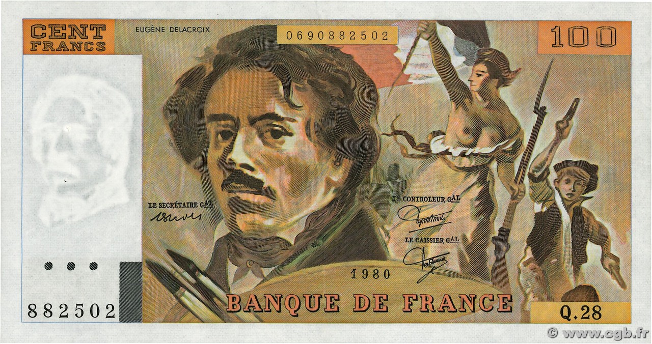 100 Francs DELACROIX modifié FRANCE  1980 F.69.04a TTB+