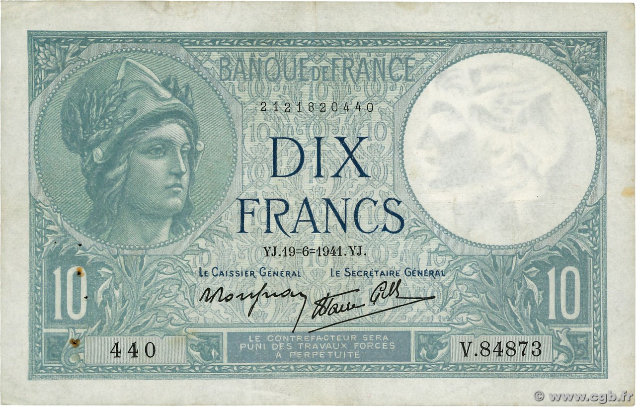 10 Francs MINERVE modifié FRANCE  1941 F.07.29 TB