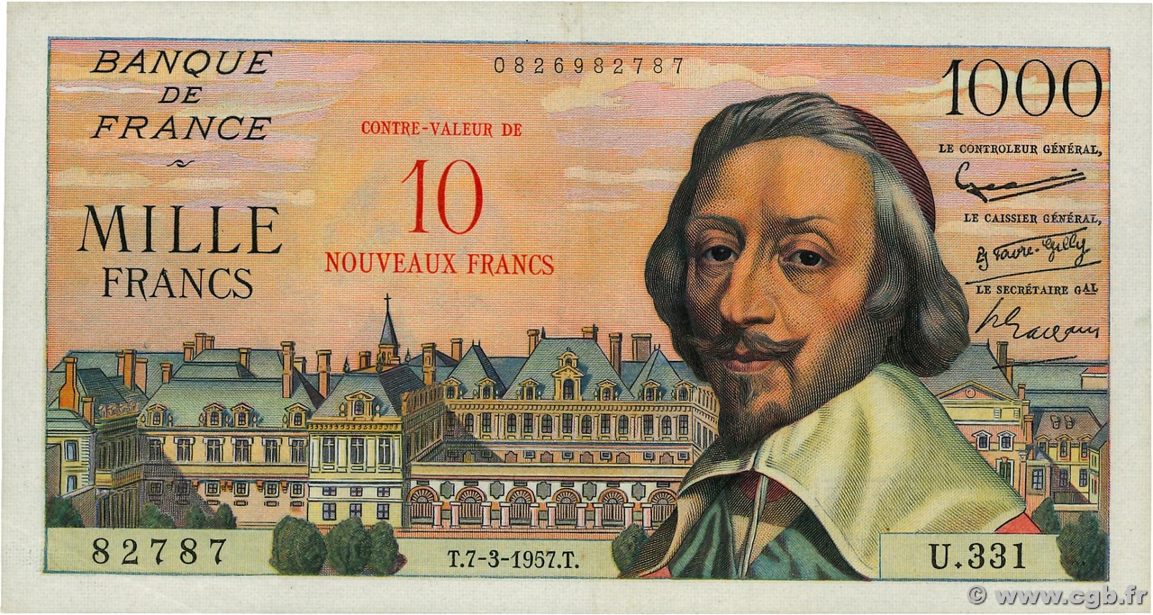 10 NF sur 1000 Francs RICHELIEU FRANCE  1957 F.53.01 TTB+