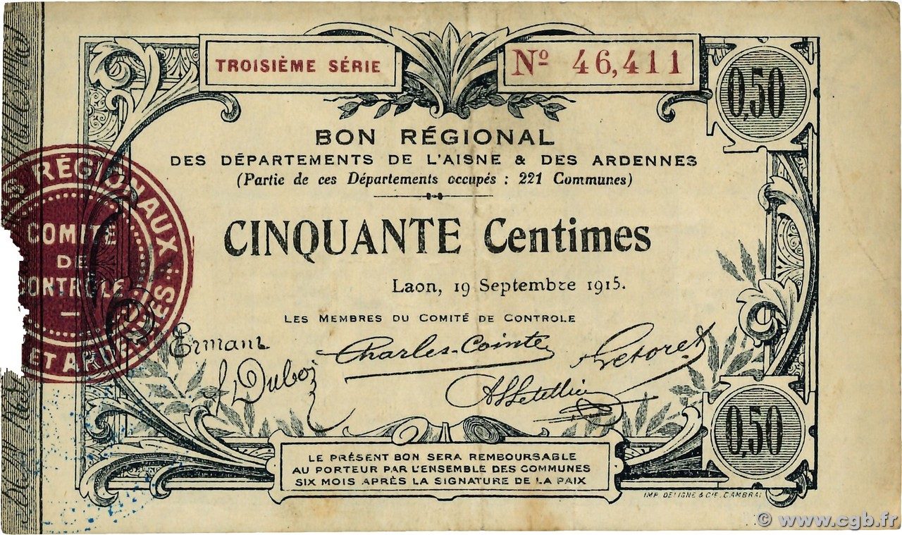 50 Centimes FRANCE regionalism and various  1915 JP.02-1301 VF