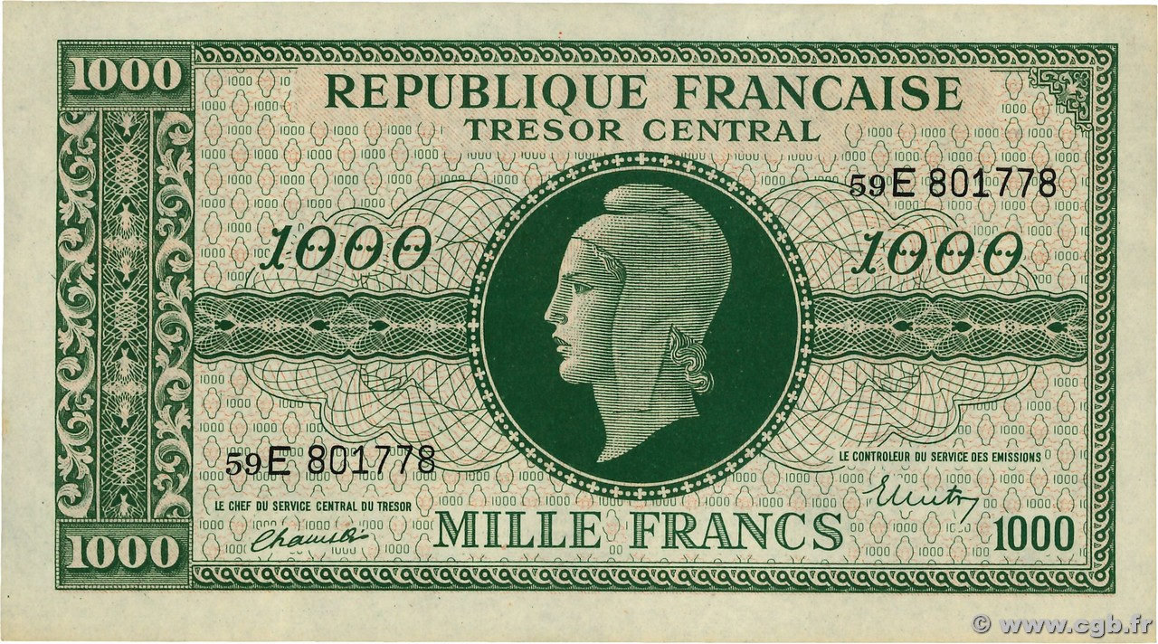 1000 Francs MARIANNE THOMAS DE LA RUE FRANCE  1945 VF.13.02 TTB+