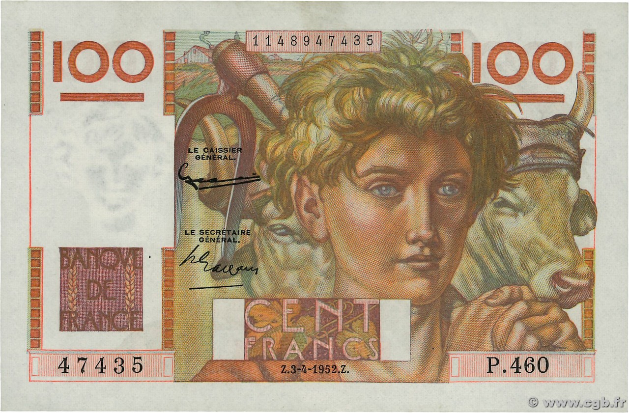 100 Francs JEUNE PAYSAN FRANCE  1952 F.28.32 SPL+