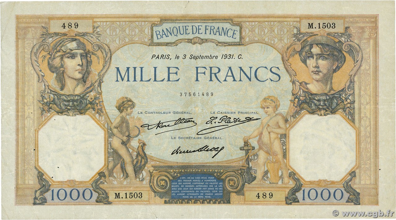 1000 Francs CÉRÈS ET MERCURE FRANCE  1931 F.37.06 TB