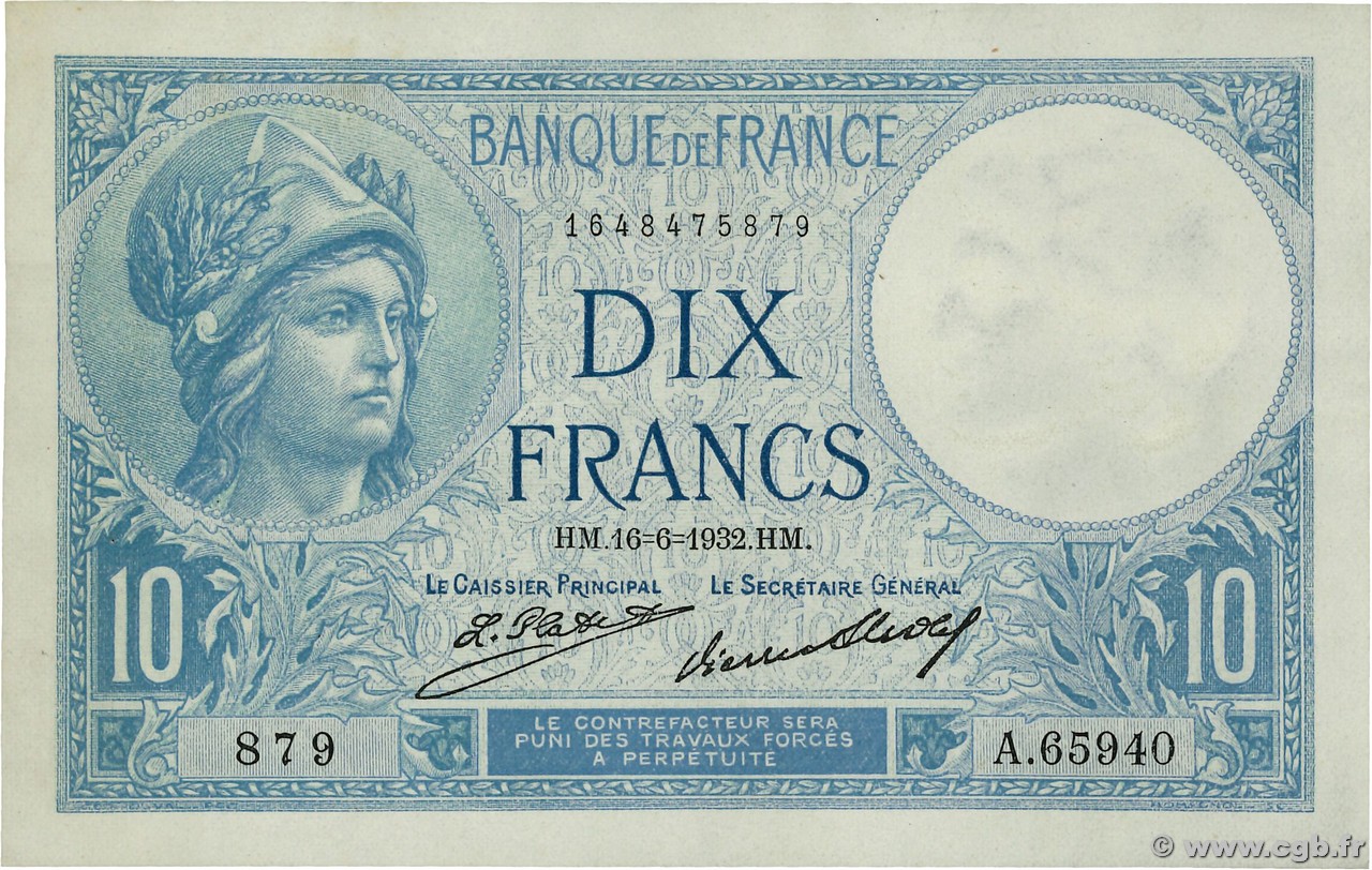 10 Francs MINERVE FRANCE  1932 F.06.16 SUP
