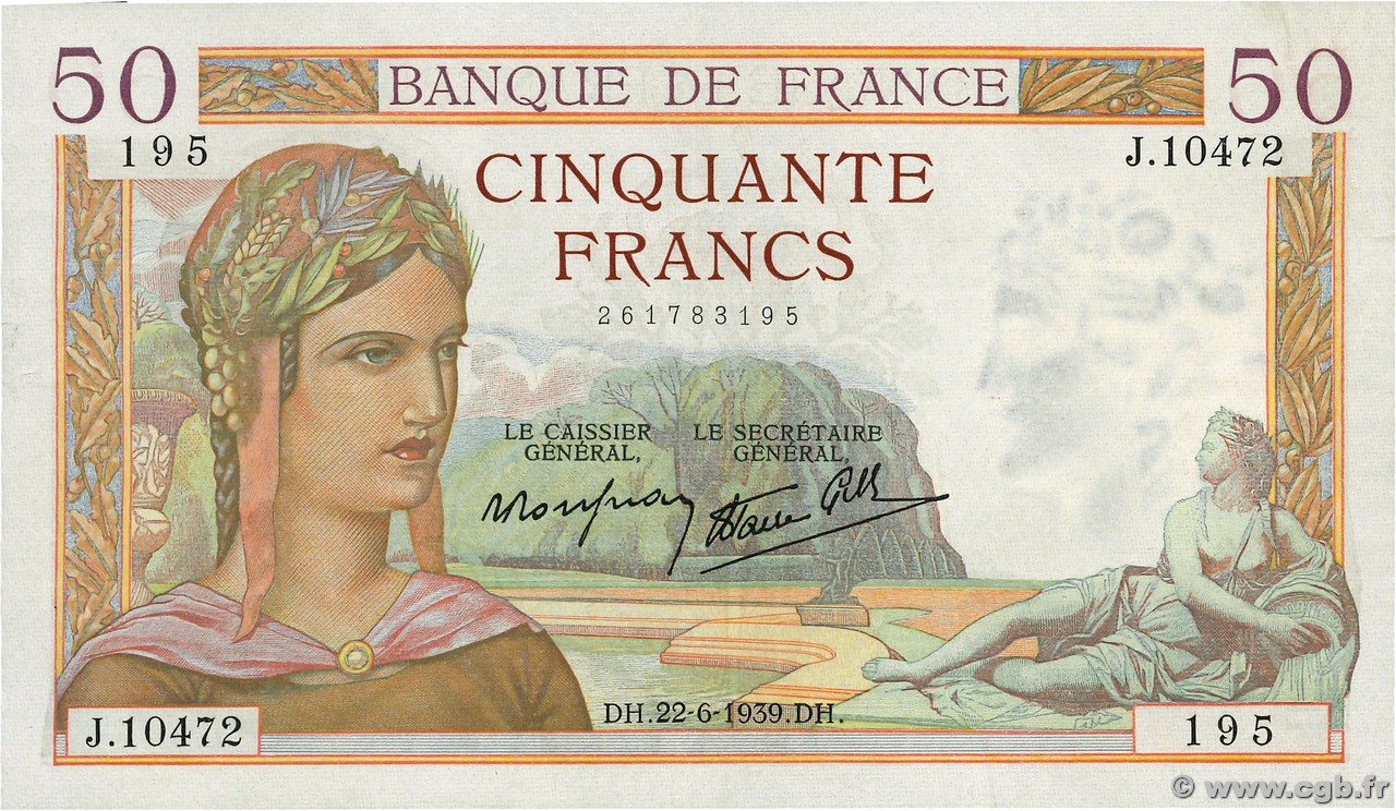 50 Francs CÉRÈS modifié FRANCE  1939 F.18.27 TTB+