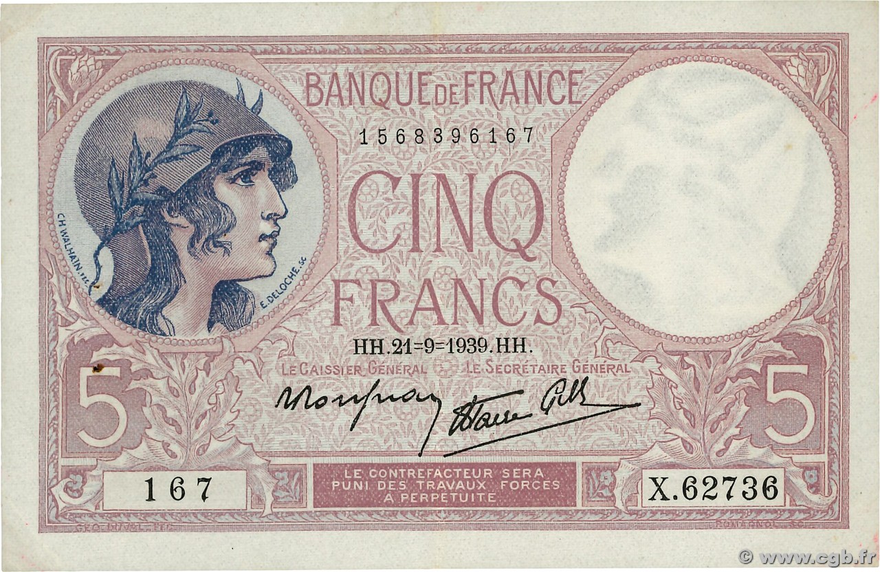 5 Francs FEMME CASQUÉE modifié FRANCE  1939 F.04.09 TTB