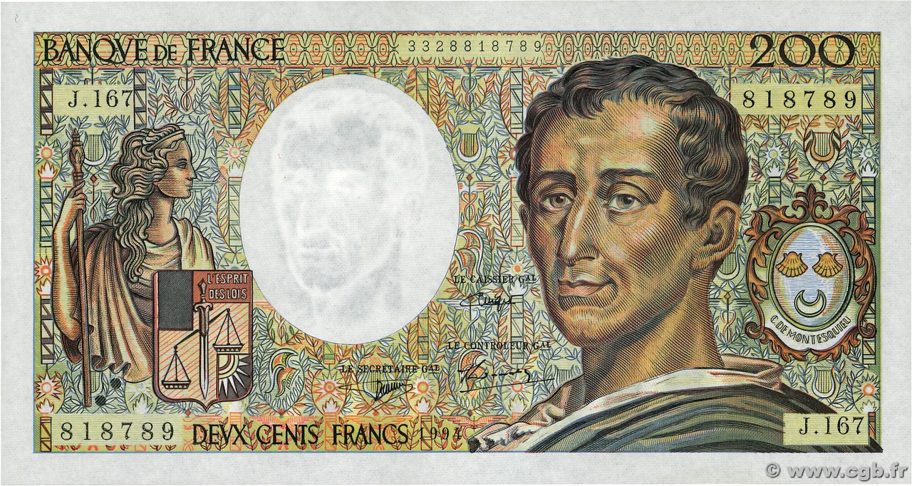 200 Francs MONTESQUIEU Modifié FRANCE  1994 F.70/2.01 NEUF
