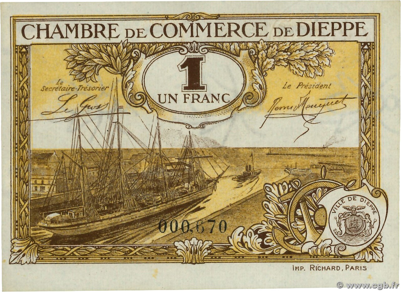 1 Franc FRANCE régionalisme et divers Dieppe 1920 JP.052.16 NEUF