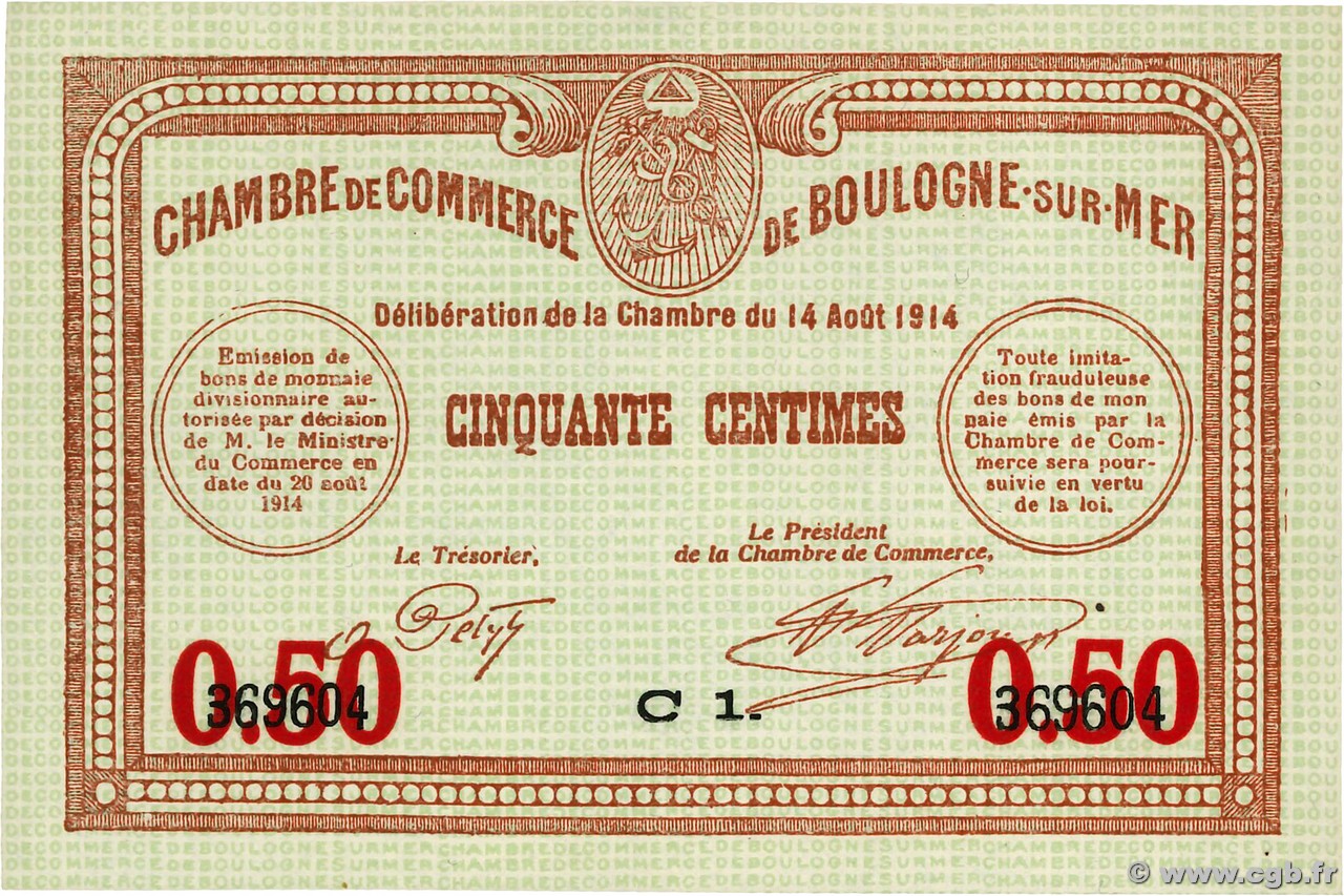 50 Centimes FRANCE régionalisme et divers Boulogne-Sur-Mer  1914 JP.031.11 NEUF
