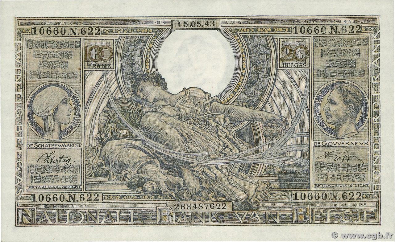 100 Francs - 20 Belgas BELGIQUE  1943 P.112 pr.NEUF