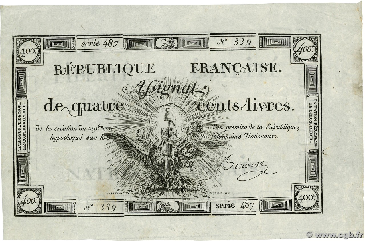 400 Livres FRANKREICH  1792 Ass.38a fSS