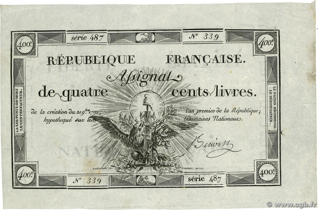 400 Livres FRANCE  1792 Ass.38a pr.TTB