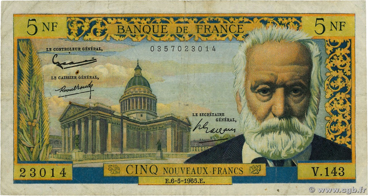 5 Nouveaux Francs VICTOR HUGO FRANCE  1965 F.56.18 pr.TB