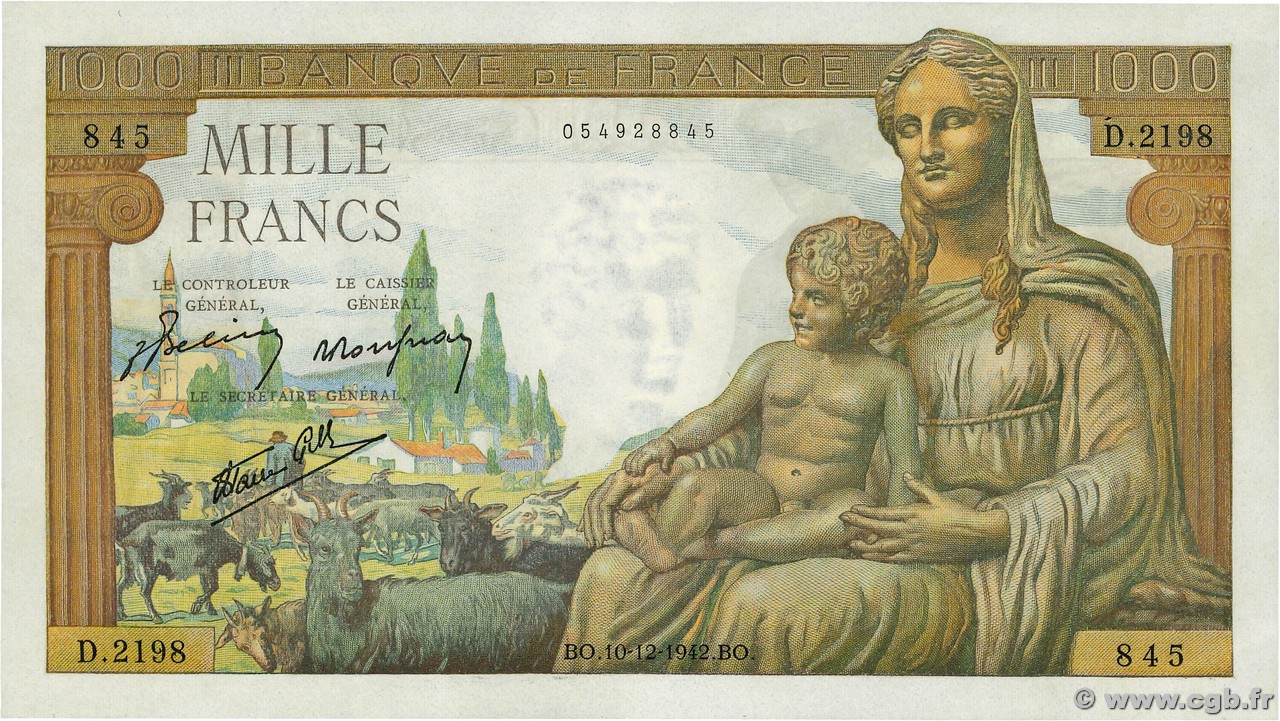 1000 Francs DÉESSE DÉMÉTER FRANCE  1942 F.40.13 SUP+