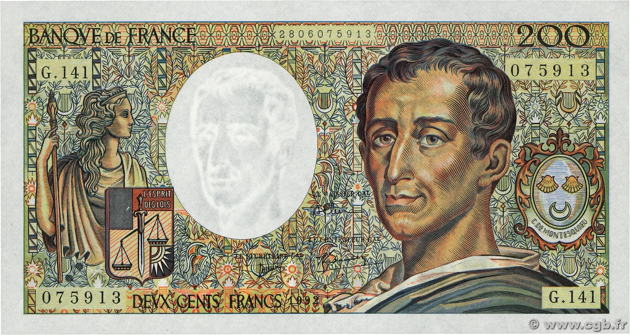 200 Francs MONTESQUIEU FRANCE  1992 F.70.12c pr.NEUF