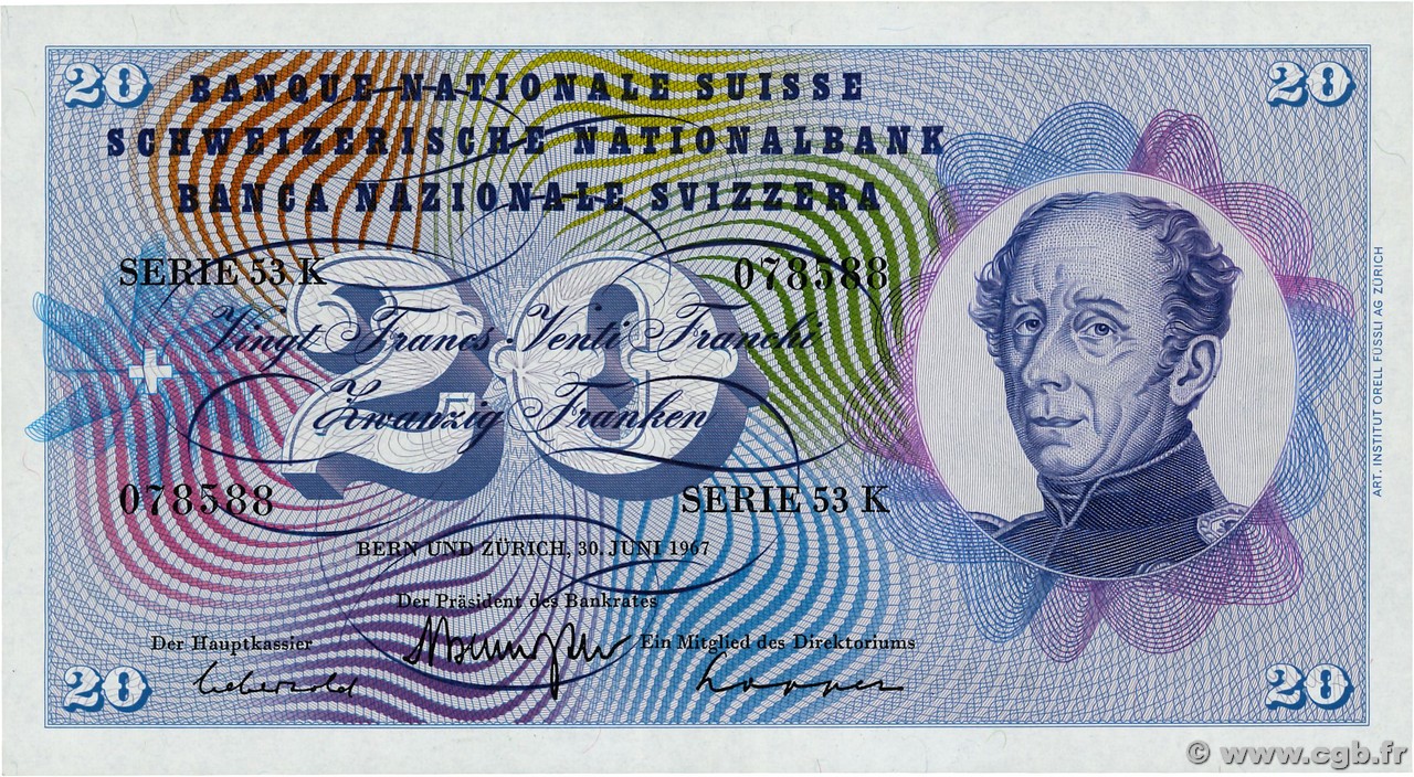 20 Francs SUISSE  1967 P.46o SUP+