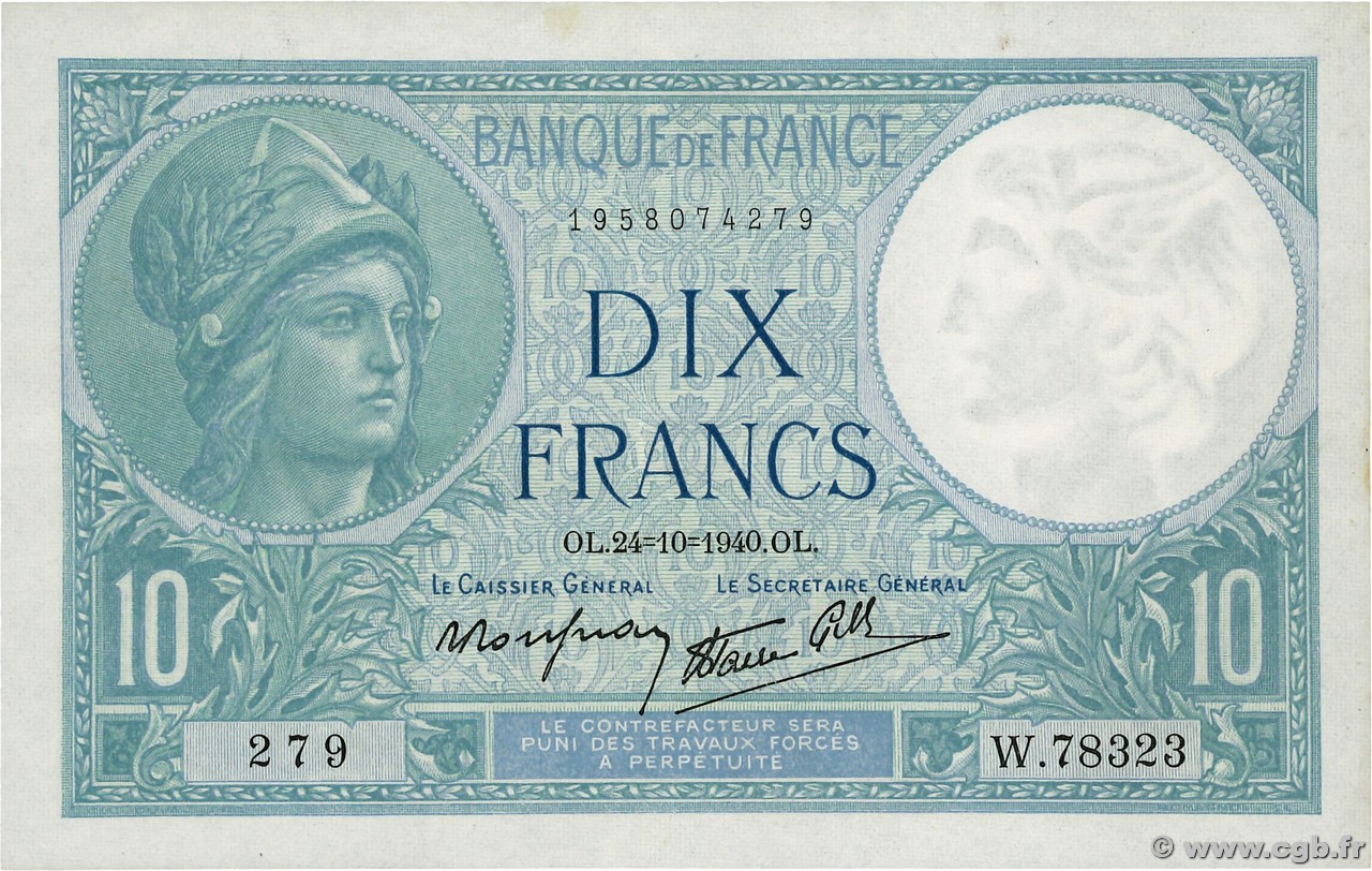 10 Francs MINERVE modifié FRANCE  1940 F.07.18 SUP