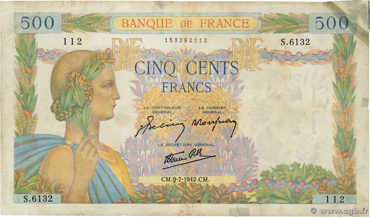 500 Francs LA PAIX FRANCE  1942 F.32.36 B