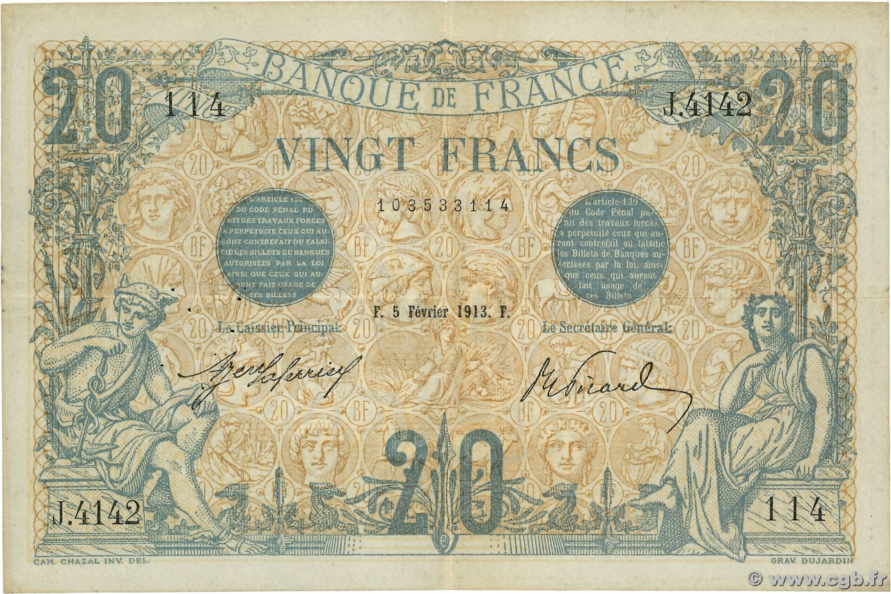 20 Francs BLEU FRANCE  1913 F.10.03a
 TTB