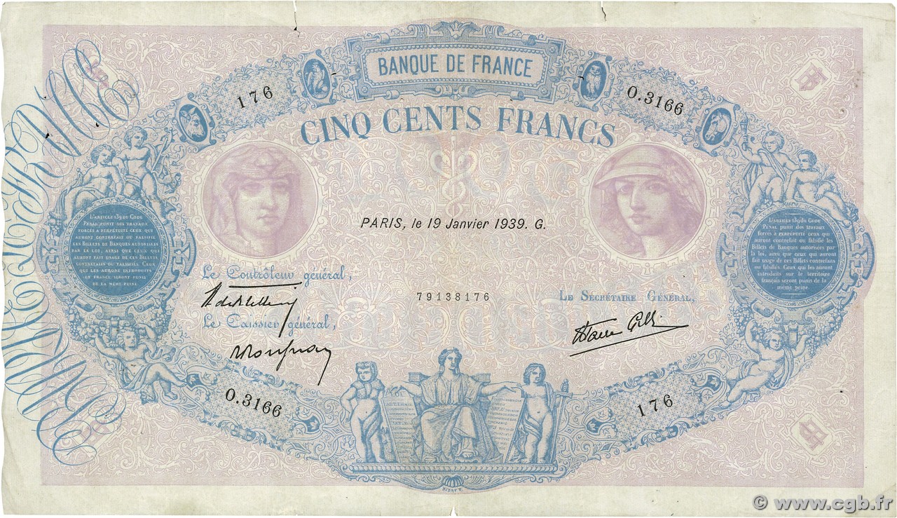 500 Francs BLEU ET ROSE modifié FRANCE  1939 F.31.23
 TB+