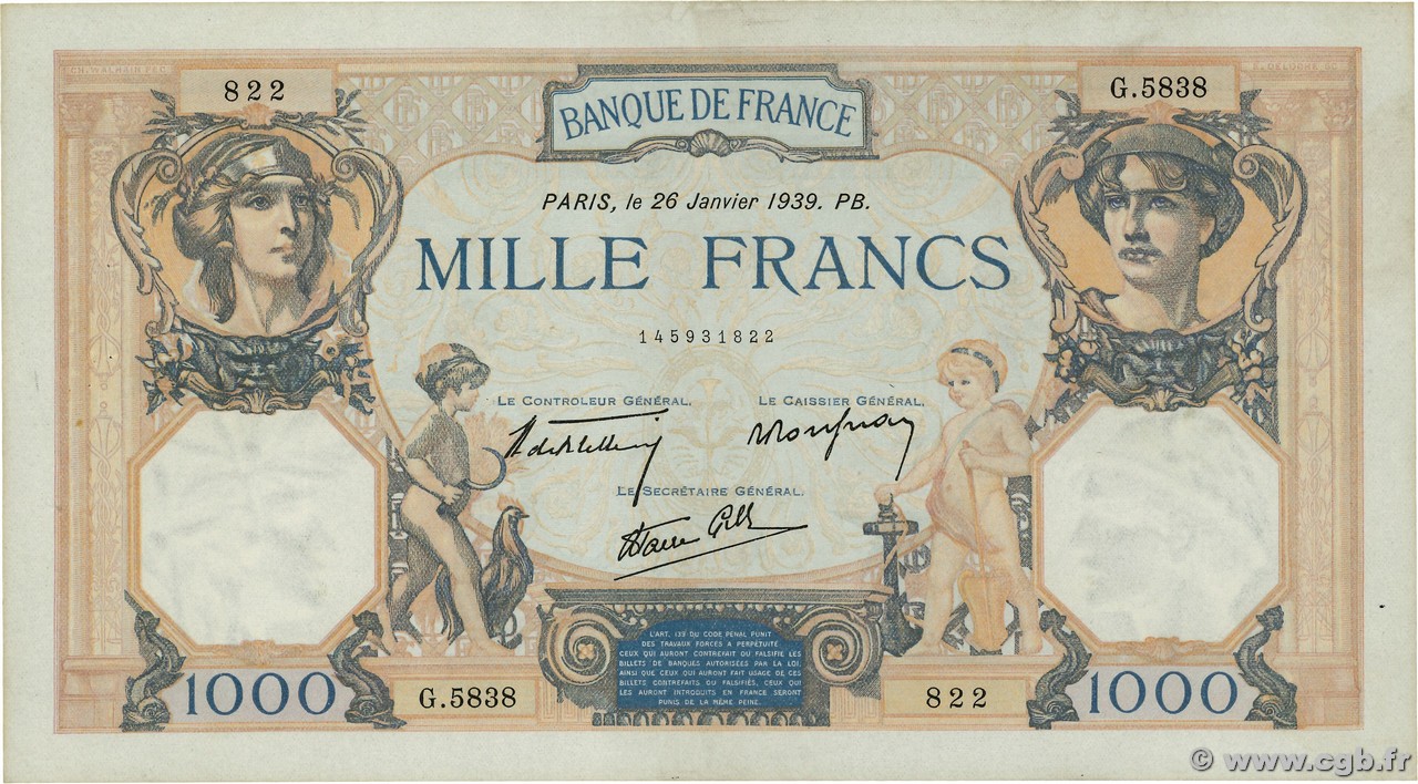 1000 Francs CÉRÈS ET MERCURE type modifié FRANCE  1939 F.38.33
 TTB
