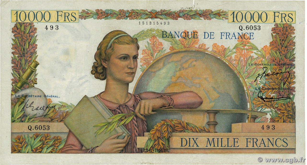 10000 Francs GÉNIE FRANÇAIS FRANCE  1954 F.50.69 TB