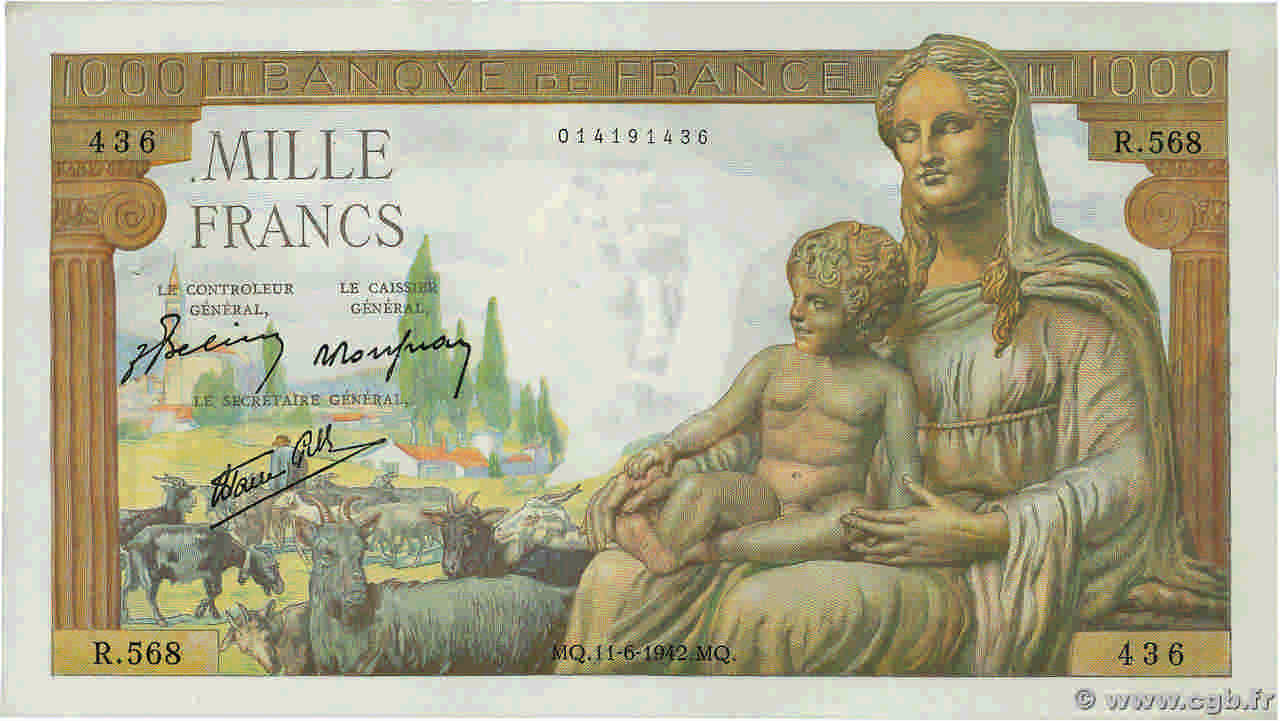 1000 Francs DÉESSE DÉMÉTER FRANCE  1942 F.40.02 SPL