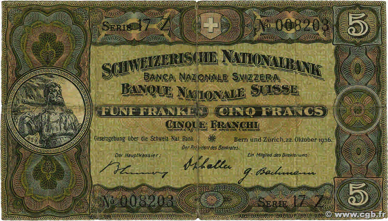 5 Francs SUISSE  1936 P.11h B