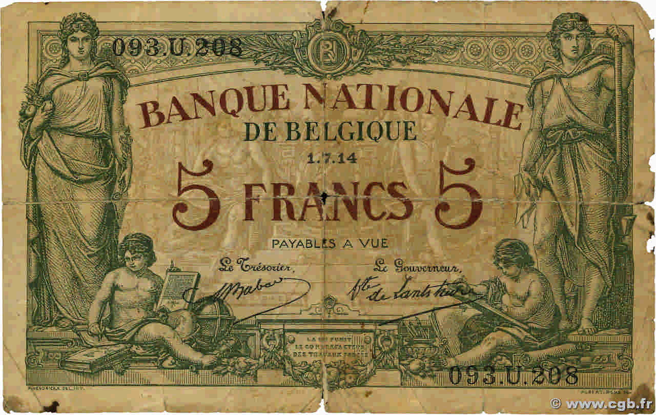 5 Francs BELGIQUE  1921 P.075b pr.B