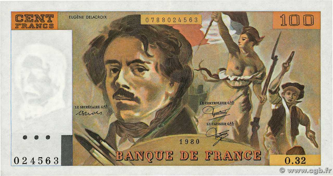 100 Francs DELACROIX modifié FRANCE  1980 F.69.04a TTB+