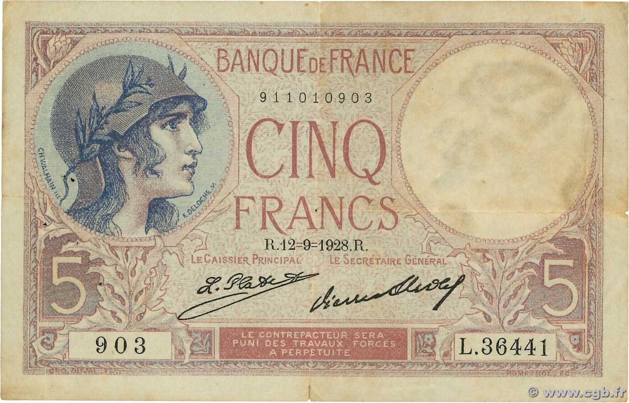 5 Francs FEMME CASQUÉE FRANCE  1928 F.03.12 TB