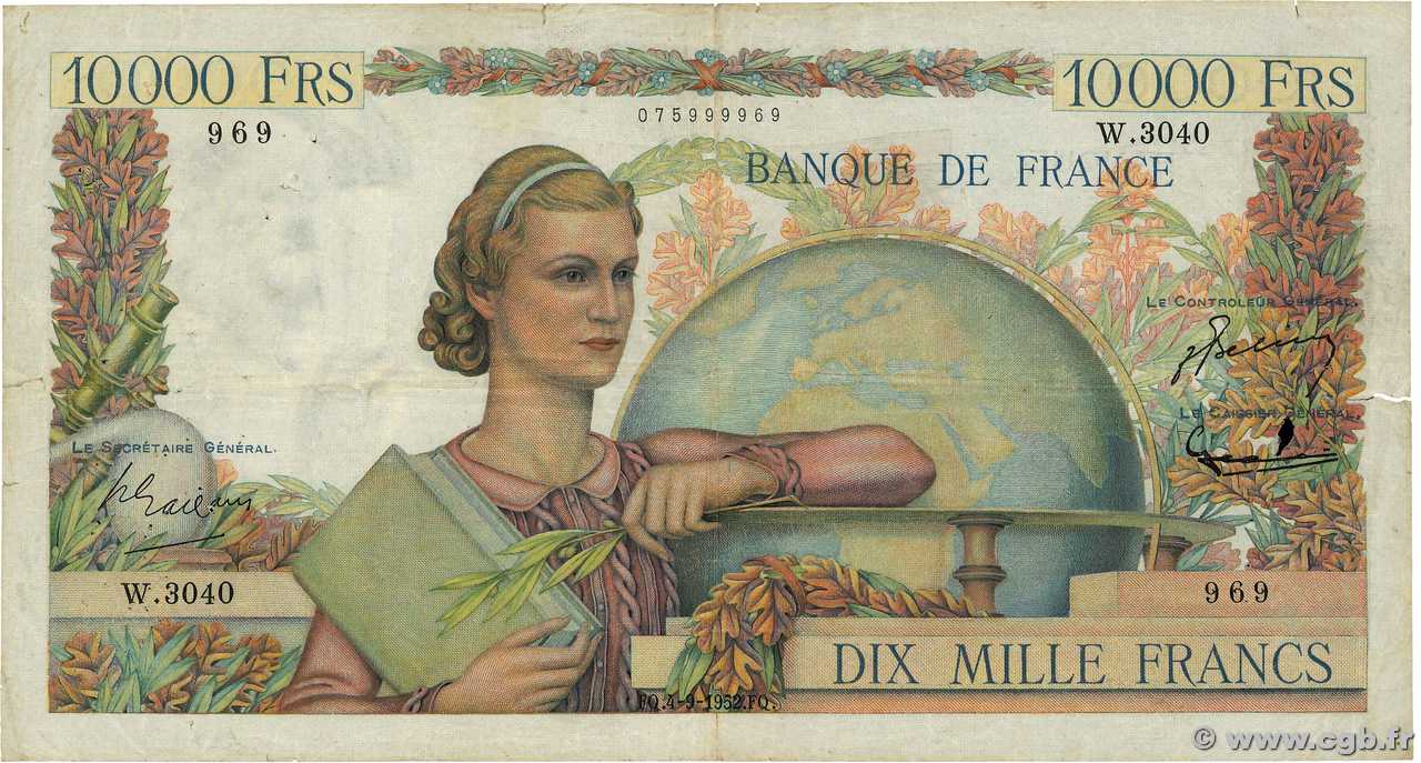10000 Francs GÉNIE FRANÇAIS FRANCE  1952 F.50.60 VG