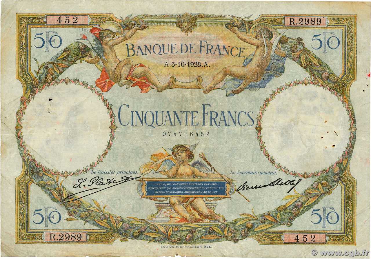 50 Francs LUC OLIVIER MERSON FRANCE  1928 F.15.02 B+