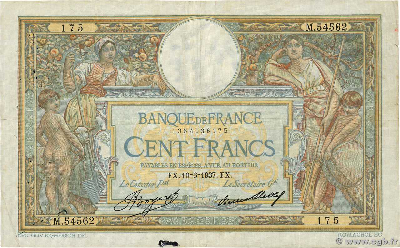 100 Francs LUC OLIVIER MERSON grands cartouches FRANCE  1937 F.24.16 TB