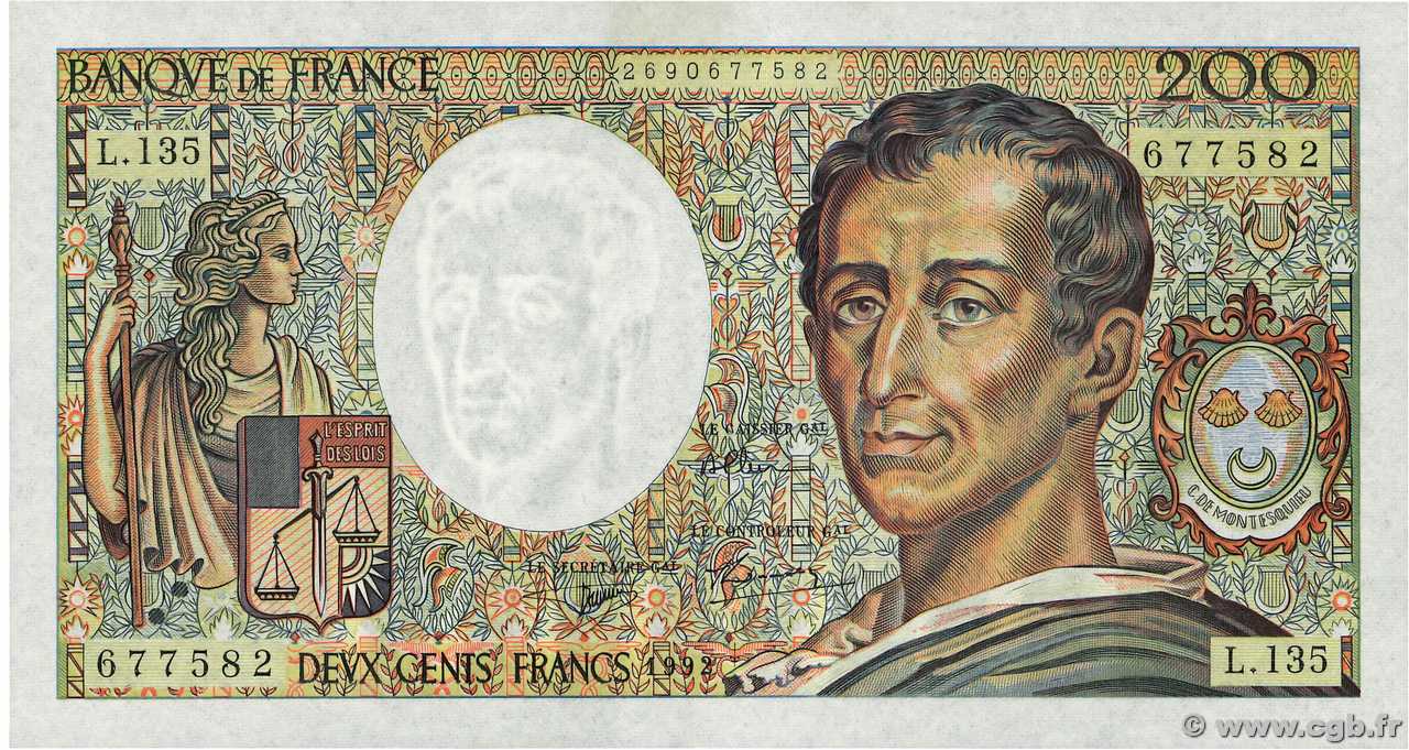 200 Francs MONTESQUIEU FRANCE  1992 F.70.12c pr.SPL