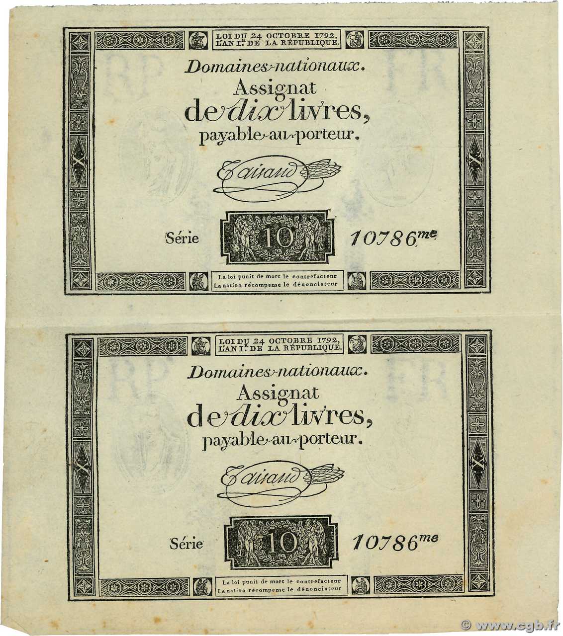 10 Livres filigrane républicain, gravure modifiée Planche FRANCE  1792 Ass.36c SUP