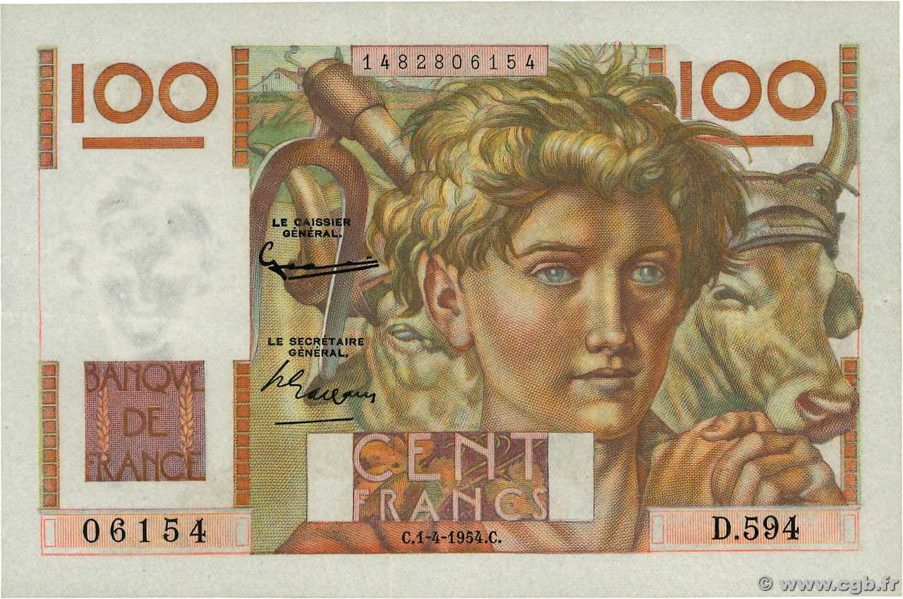 100 Francs JEUNE PAYSAN FRANCE  1954 F.28.43 SUP