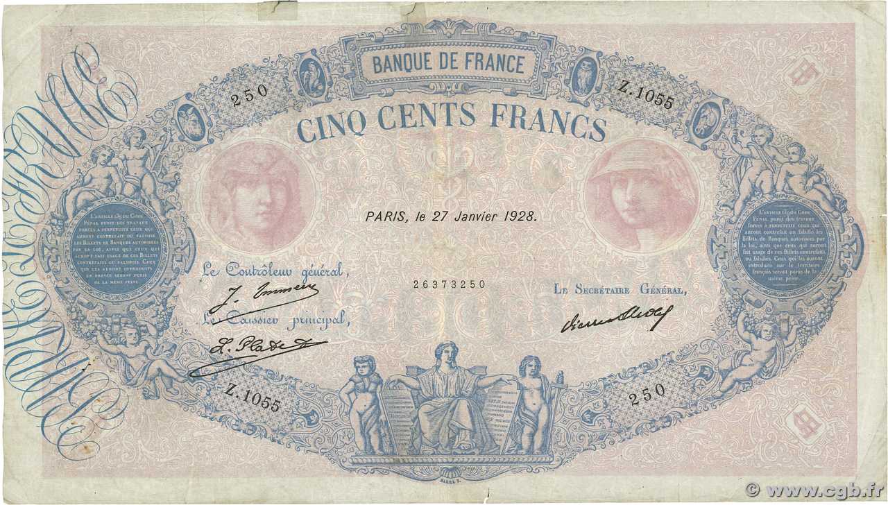500 Francs BLEU ET ROSE FRANCE  1928 F.30.31 B+