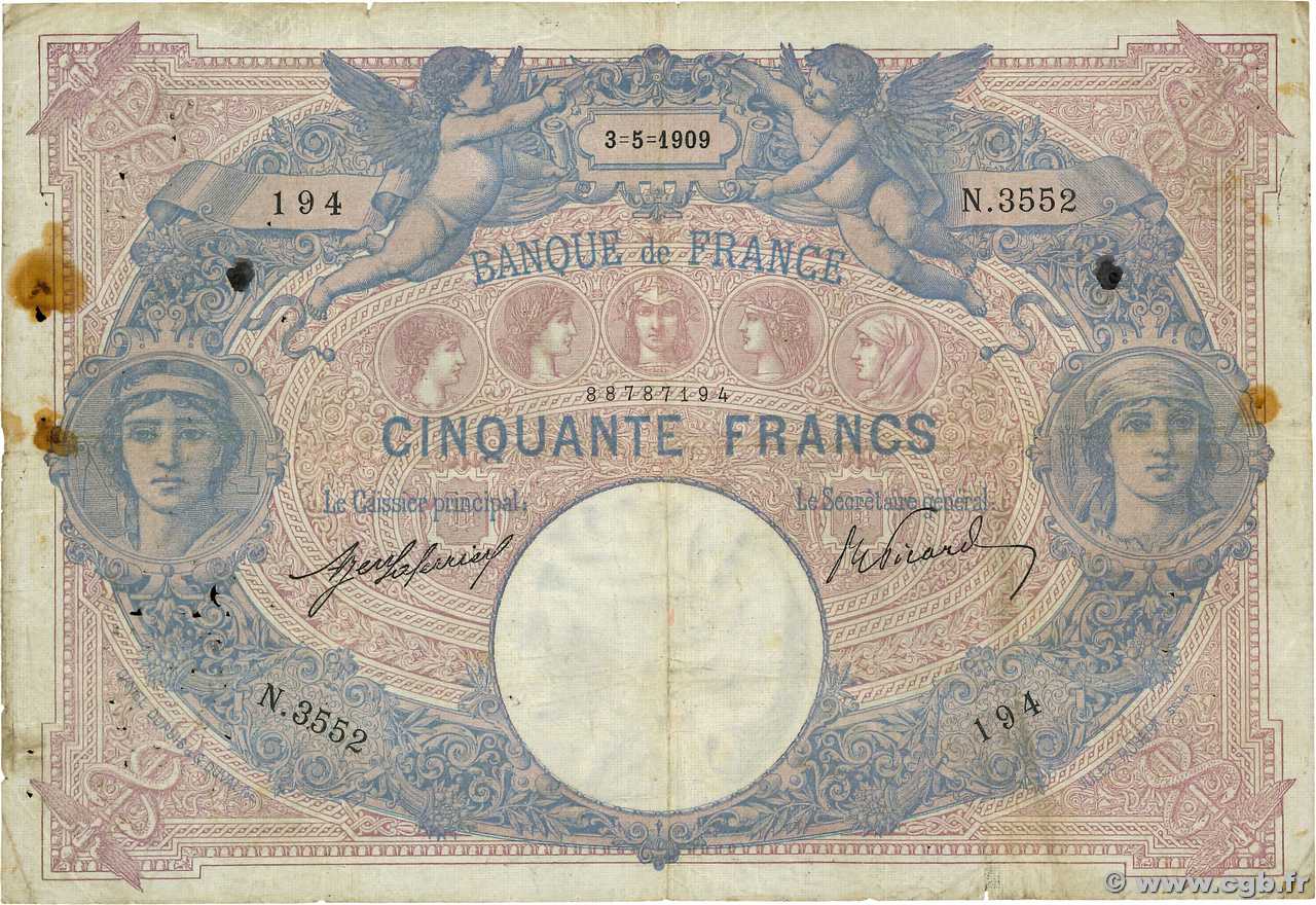 50 Francs BLEU ET ROSE FRANCE  1909 F.14.22 B+