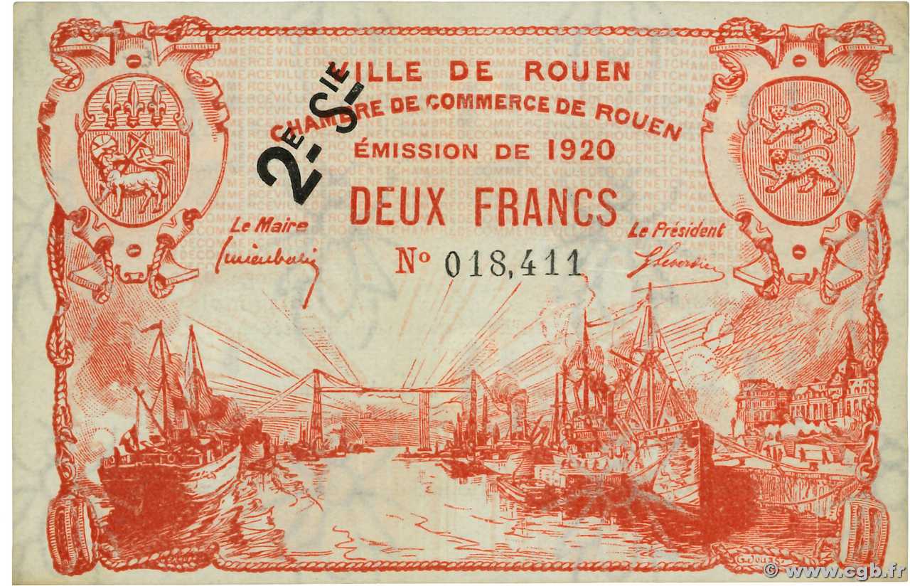 2 Francs FRANCE regionalism and various Rouen 1920 JP.110.58 AU+