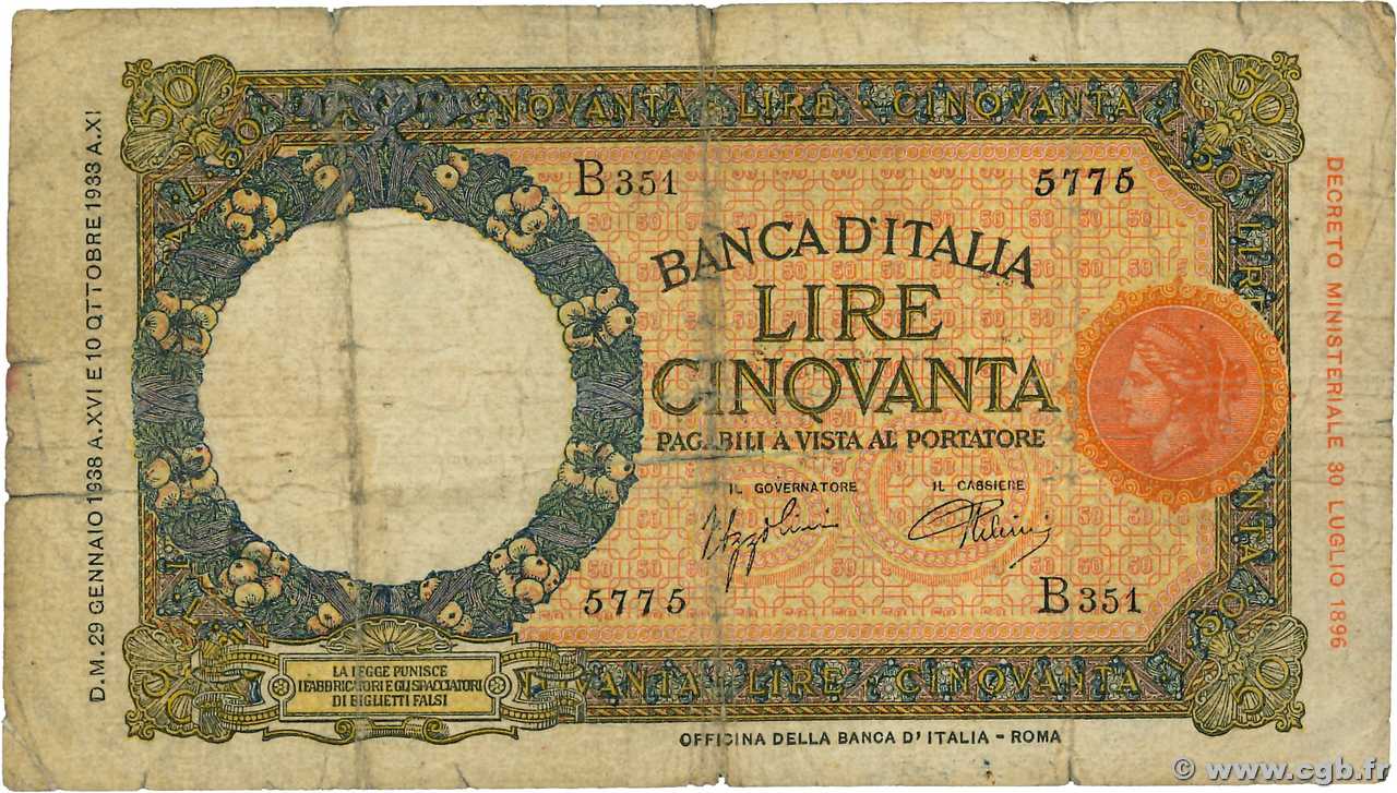 50 Lire ITALIE  1938 P.054b pr.B