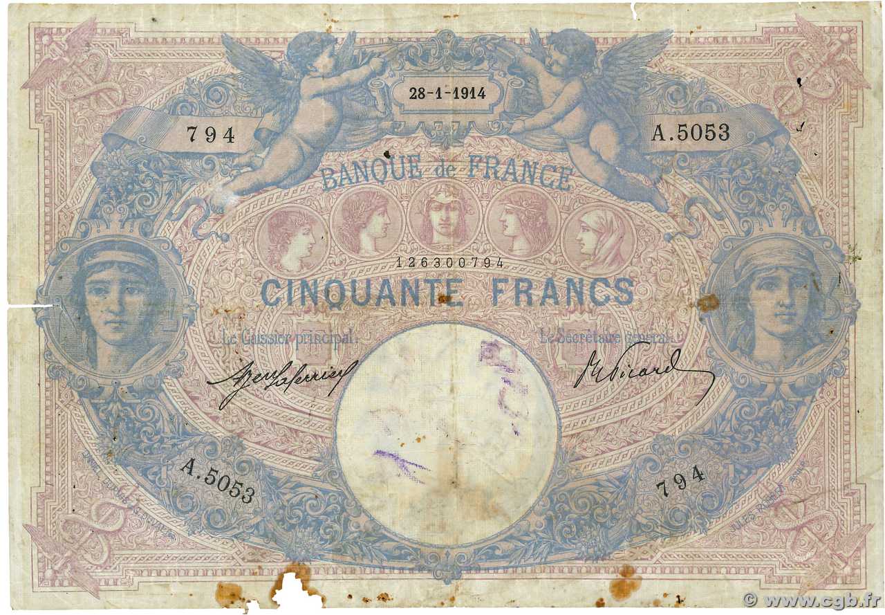 50 Francs BLEU ET ROSE FRANCE  1914 F.14.27 B