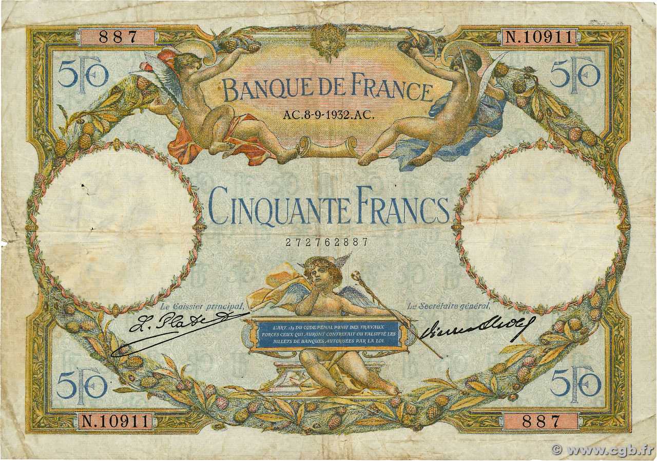 50 Francs LUC OLIVIER MERSON type modifié FRANCE  1932 F.16.03 B+