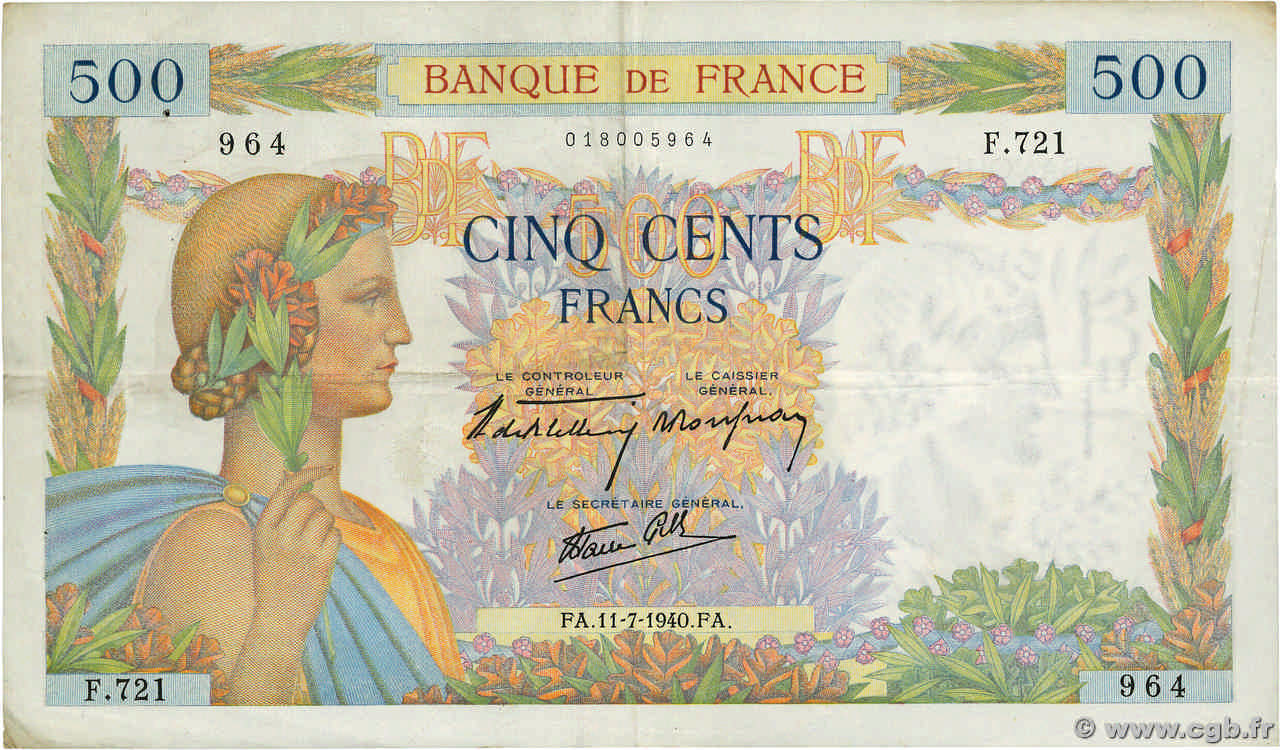 500 Francs LA PAIX FRANCE  1940 F.32.04 TB+