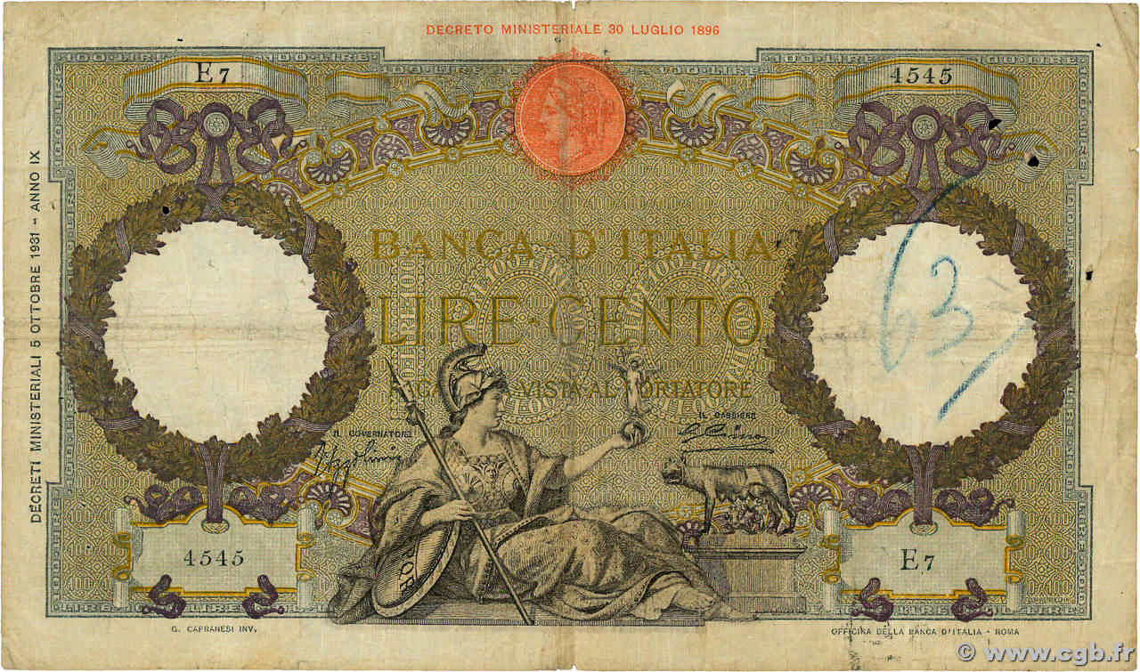100 Lire ITALIE  1931 P.055a B+