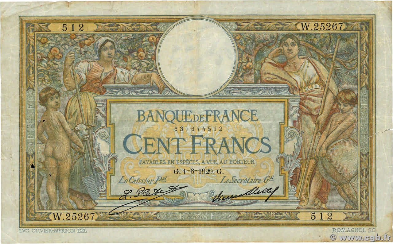 100 Francs LUC OLIVIER MERSON grands cartouches FRANCE  1929 F.24.08 TB