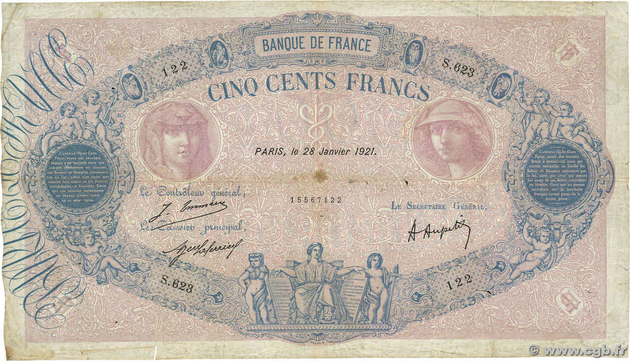 500 Francs BLEU ET ROSE FRANCE  1921 F.30.25 B+
